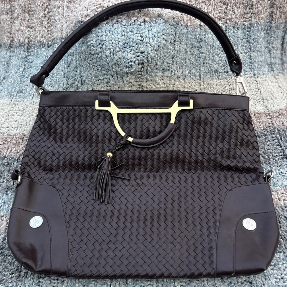 JM Collection Brown Woven Vegan Leather Travel Bag/Purse, Satin Gold Lining, EUC